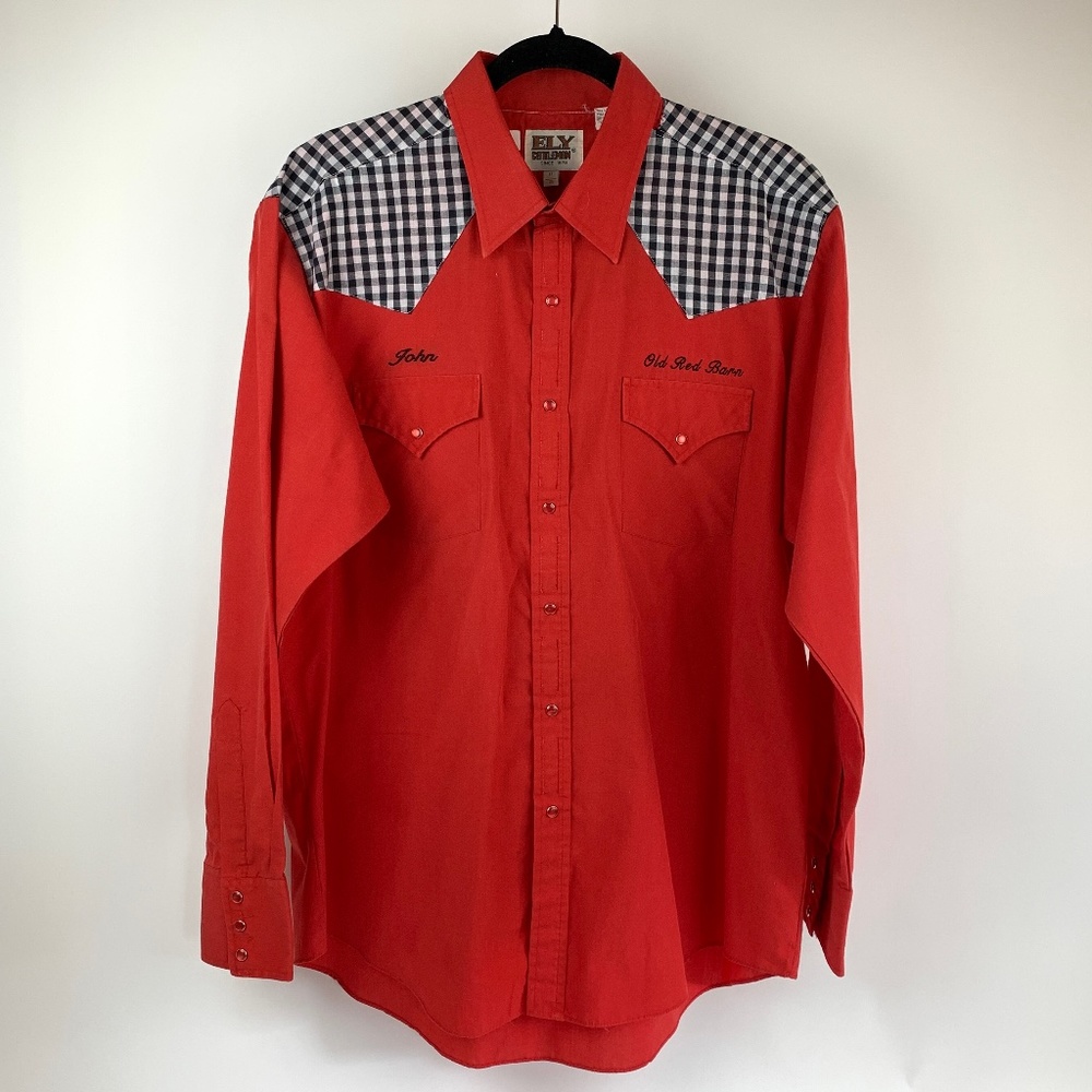 Men Ely Cattleman Western Red/Black & White Gingham Red Snap Shirt 17/35 Uniform